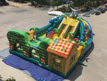 Inflatable Jungle Theme Forest Kids Indoor Outdoor Playground with 3 Lanes Slide Animal Theme Park for Kids Play
