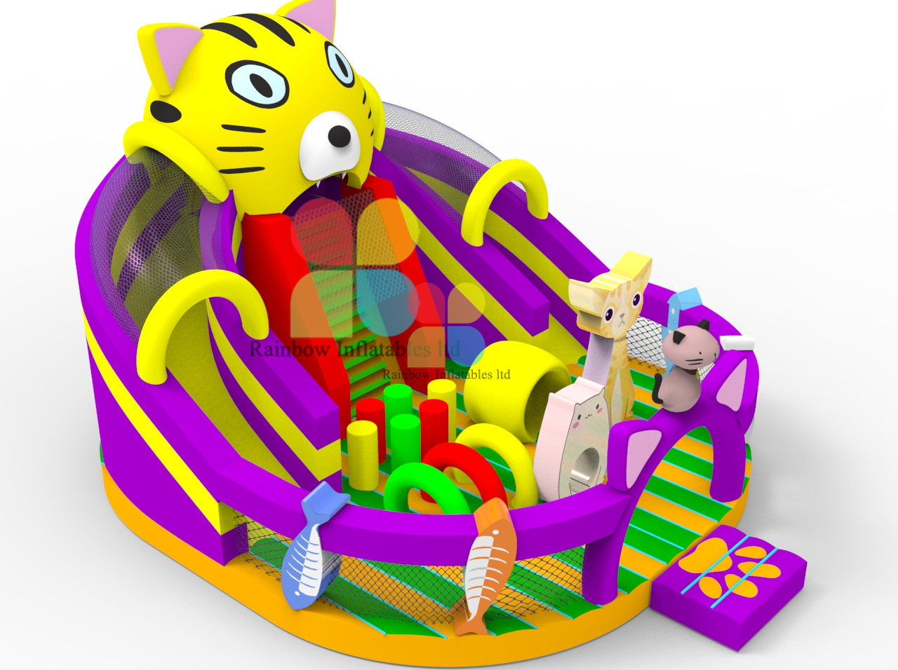 Commercial Inflatable Cat Adventure Playground by Guangzhou Rainbow Inflatables Outdoor Pvc Durable Slide Obstacle for Kids