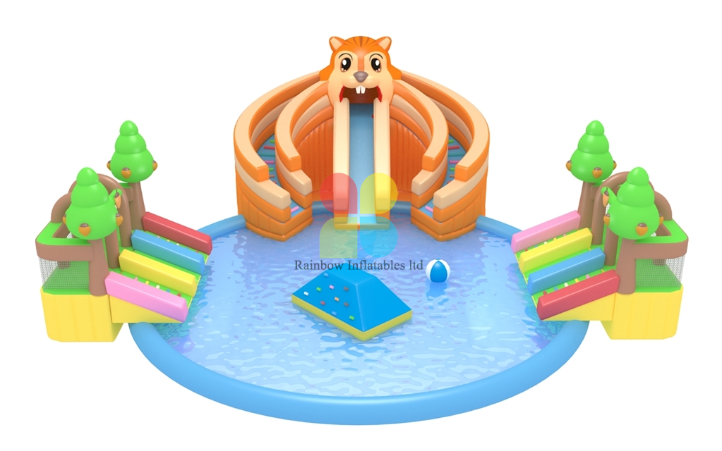 Giant Squirrel Theme Commercial Inflatable Ground Water Park Slide With Pool For Sale 