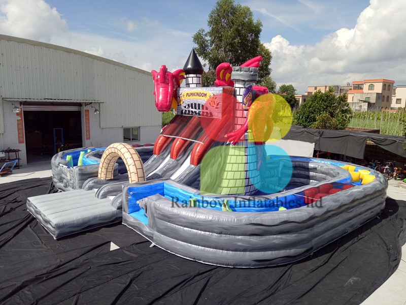 China manufacturer grey inflatable dinosaur double slides combo with obstacle 