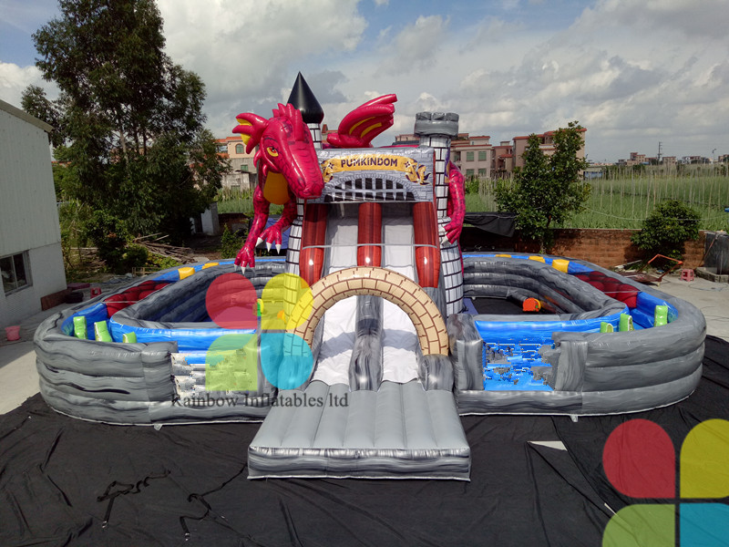 China manufacturer grey inflatable dinosaur double slides combo with obstacle 